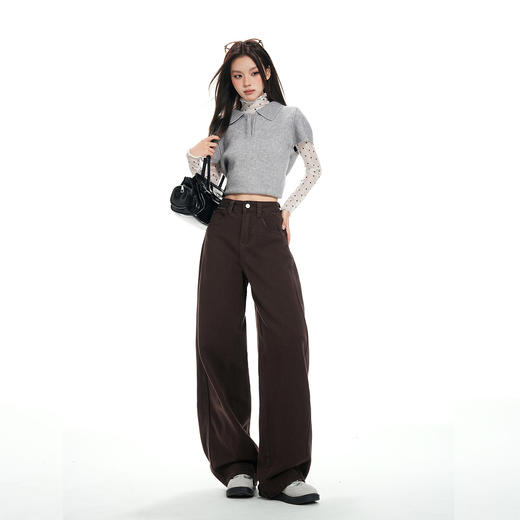 【加绒加厚】罗蒙秋冬款女士高腰弯刀裤咖色美拉德风阔腿百搭长裤 商品图1