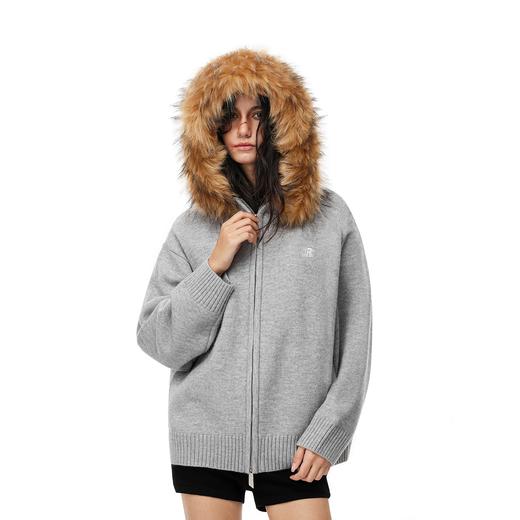 【限时7折】FDR官方店 可拆卸毛领开衫毛衣外套男女秋冬季美式情侣连帽针织衫 商品图0