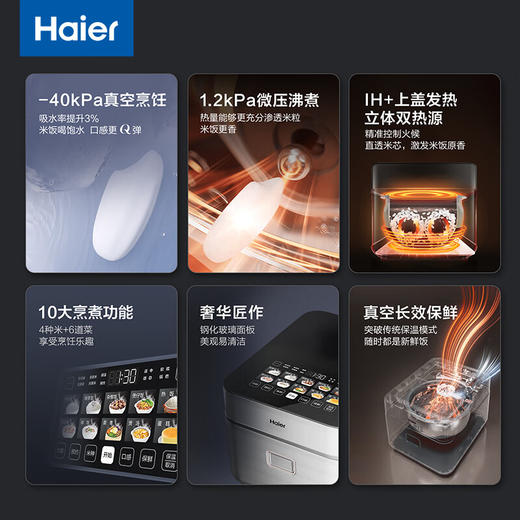 海尔真空保鲜电饭煲 IH+上盖发热立体双热源 微压烹饪 耐磨耐高温不粘24小时智能预约4L大容量电饭煲 HRC-I54AS冰河银 4L 商品图2