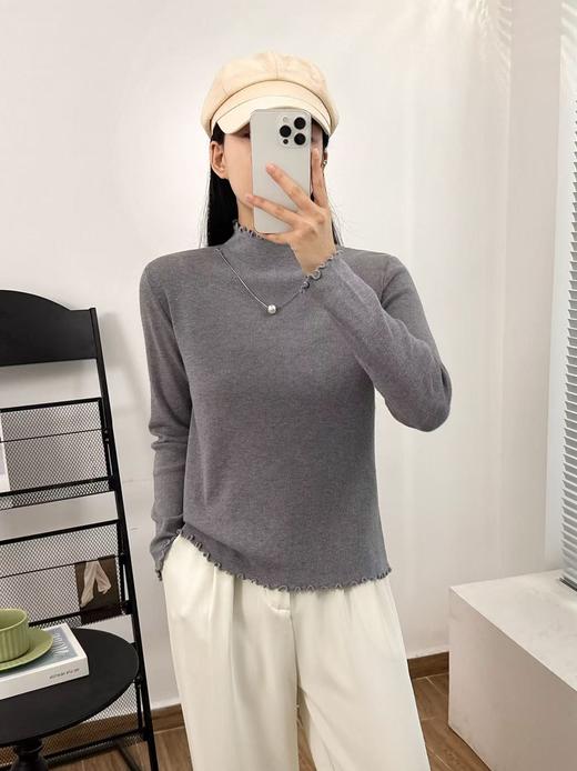 【GZ】无忧购法式木耳边半高领一体绒修身保暖针织打毛衣3340（截单后3-5天发货) 商品图1