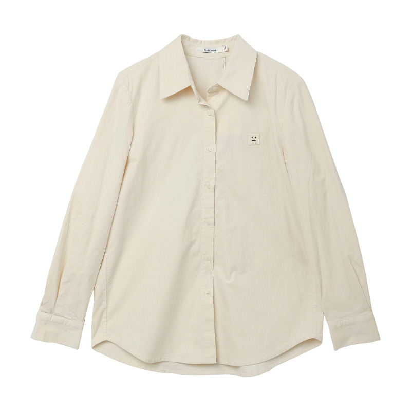 2025 秋冬米白色宽松长袖衬衫女 简约翻领趣味小标装饰休闲通勤显瘦垂感棉质衬衣