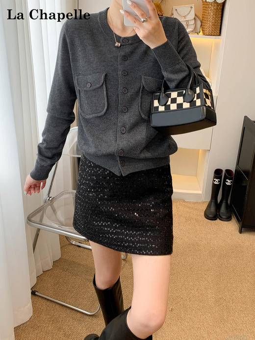 会员福利【绵羊毛/柔软有质感】拉夏贝尔/La Chapelle圆领双口袋针织开衫女气质通勤高级感小众百搭毛衣 商品图0