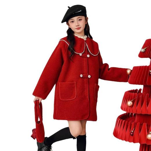 新款毛毛外套大童拜年服冬装加绒加厚呢大衣儿童女童2025红色冬季 商品图4