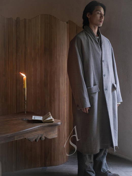Stovaigh 茶灰色水洗灯芯绒羊毛无领长外套 商品图2