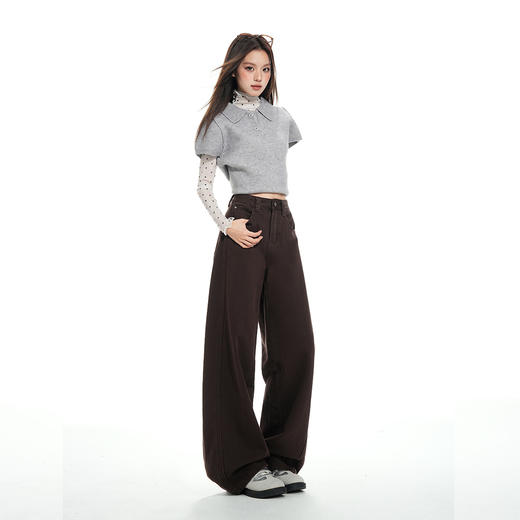 【加绒加厚】罗蒙秋冬款女士高腰弯刀裤咖色美拉德风阔腿百搭长裤 商品图3