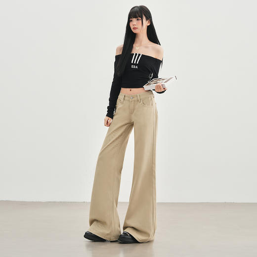 【加绒加厚】罗蒙秋冬款女士微喇牛仔裤加绒卡其色美式风高街百搭长裤子 商品图4