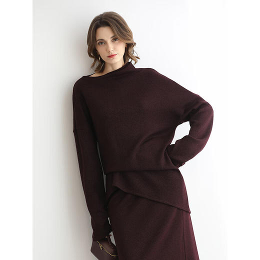 COCOBELLA一字领针织衫女25新款酒红色慵懒风气质毛衣MZ0073 商品图1