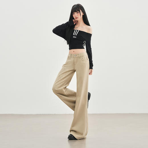 【加绒加厚】罗蒙秋冬款女士微喇牛仔裤加绒卡其色美式风高街百搭长裤子 商品图2