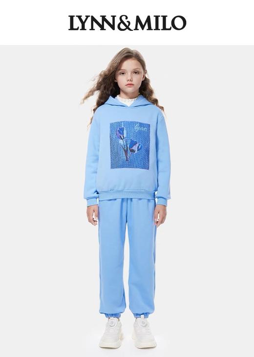 【春上新】8楼琳麦罗 LYNN&MILO 蓝色不倒绒白墨印花烫钻连帽卫衣套装 商品图0
