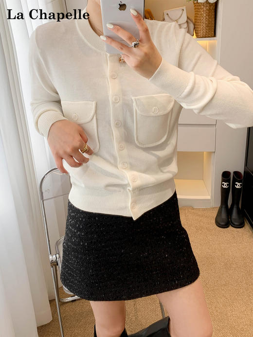 会员福利【绵羊毛/柔软有质感】拉夏贝尔/La Chapelle圆领双口袋针织开衫女气质通勤高级感小众百搭毛衣 商品图1