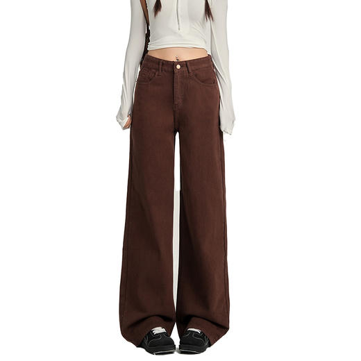 【加绒加厚】罗蒙秋冬款咖色加绒女士阔腿牛仔裤美拉德风百搭长裤 商品图7