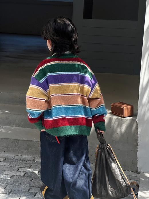 【YW】无忧购“礼物季”25秋冬韩版男女童复古装饰彩虹条纹针织开衫慵懒风毛衣毛绒感外套（截单后3-5天发货) 商品图2