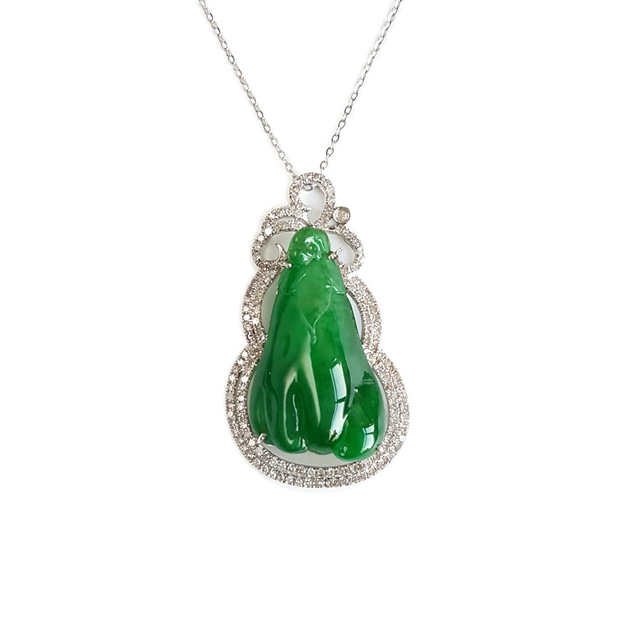 【天然正品】A货翡翠AU750收藏级白金豪镶钻镶天然细腻糯种福瓜造型满绿翡翠吊坠项链35.4*20.7*9.8MM（皆取最大值） 链长：45CM（长度可调节）女士210925NJS24