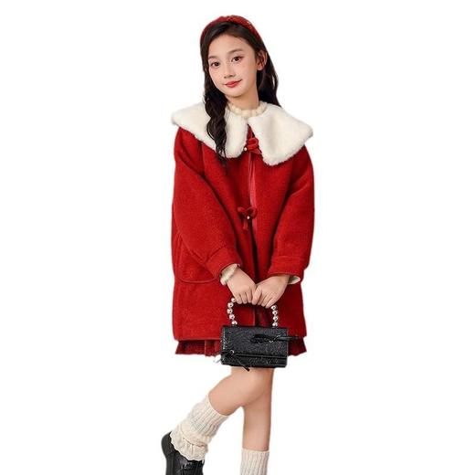 女孩外套新款女童冬装洋气加绒拜年服儿童呢子大衣新年红色中长款 商品图4