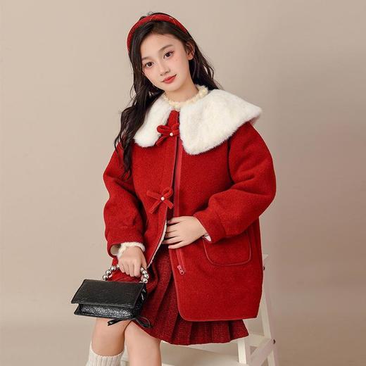 女孩外套新款女童冬装洋气加绒拜年服儿童呢子大衣新年红色中长款 商品图1