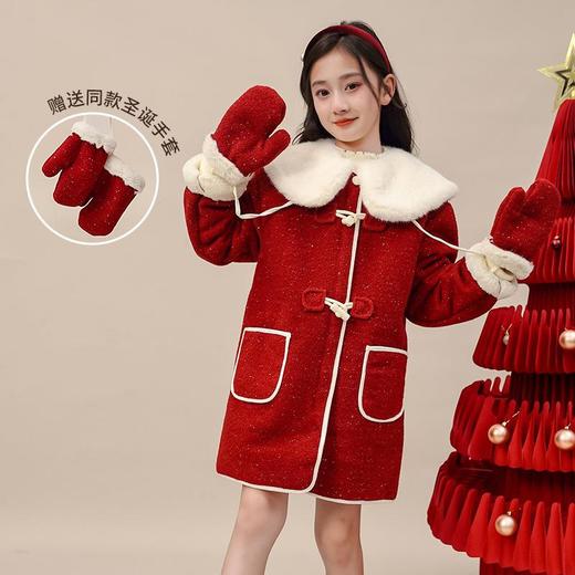 大女童新款可爱新年秋冬毛呢大衣红色毛毛大翻领红色外套甜美拜年 商品图1