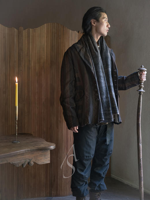 John Alexander Skelton 25AW 黑棕条纹蜂鸟提花丝棉中世纪夹克 商品图0