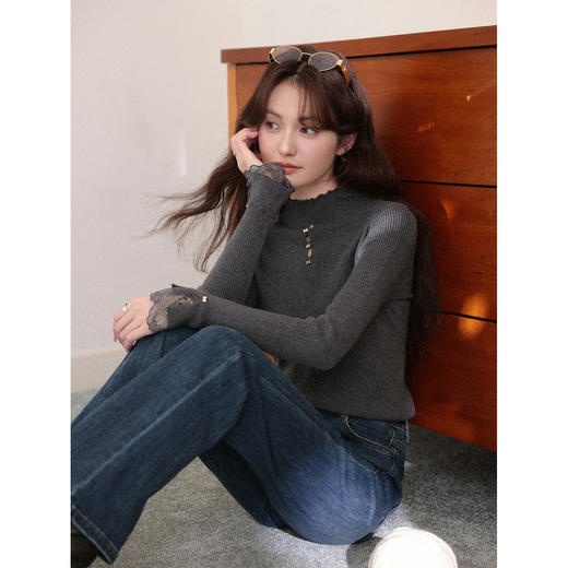 鹿向南「暮云绒间」木耳边镂空蕾丝拼接半高领针织衫打底衫女秋冬 商品图4