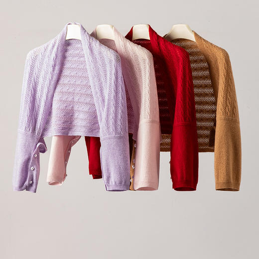 时刻优雅~100纯山羊绒披肩围巾两用镂空珍珠扣针织开衫女CYR25143 商品图2