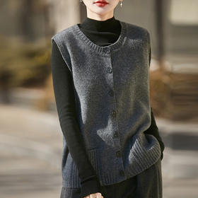 丁摩 纯羊毛圆领针织马甲开衫无袖坎肩上衣YC-Y029