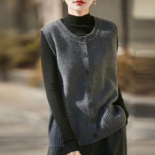 丁摩 纯羊毛圆领针织马甲开衫无袖坎肩上衣YC-Y029 商品图0