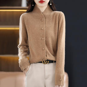 丁摩 100%纯羊毛开衫外套半高领宽松羊毛毛衣针织衫