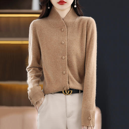 丁摩 100%纯羊毛开衫外套半高领宽松羊毛毛衣针织衫 商品图0