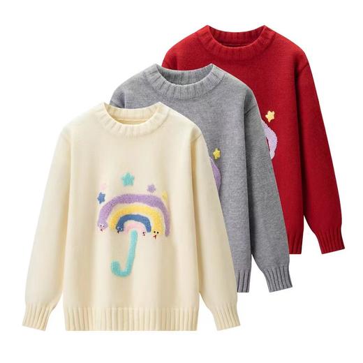D121428圆领卡通毛巾绣圣诞新年红七色彩虹圆领针织衫毛衣 商品图0
