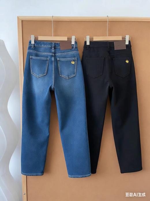 D121426南瓜刺绣加绒牛仔烟管裤冬加厚奥粒绒保暖显瘦法棍裤九分直筒裤女 商品图1