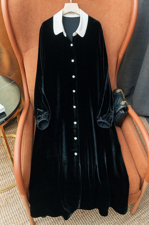 「断码清仓」黑白撞色翻领单排扣丝绒收腰小黑裙 L码 ZFYY178 商品图0