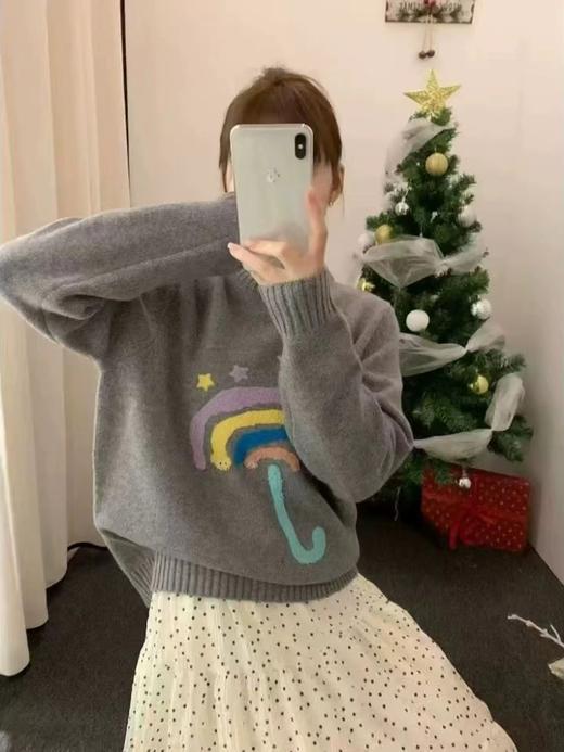 D121428圆领卡通毛巾绣圣诞新年红七色彩虹圆领针织衫毛衣 商品图6
