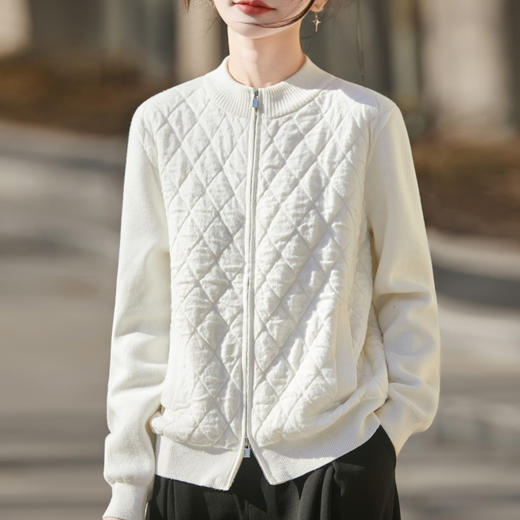 百媚生 菱格纹羊毛混纺棉服女小个子短款立领拉链外套NS-5267-100 商品图2