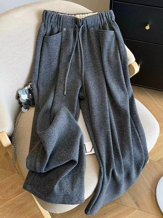 D121430加绒保暖毛呢直筒休闲裤女高腰抽绳宽松百搭呢子长裤 商品图5