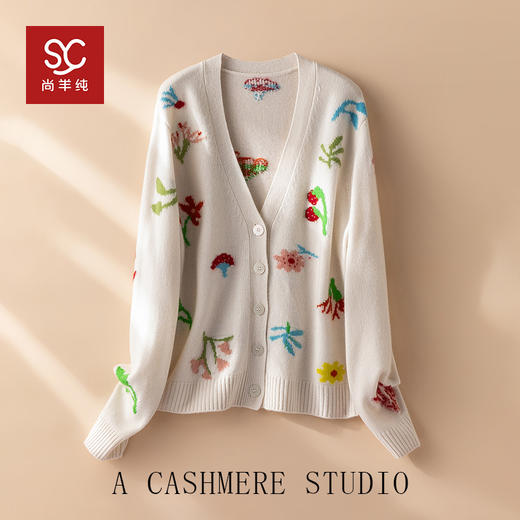 百花齐放~100纯山羊绒V领开衫重工提花宽松加厚外套CYR250346 商品图0