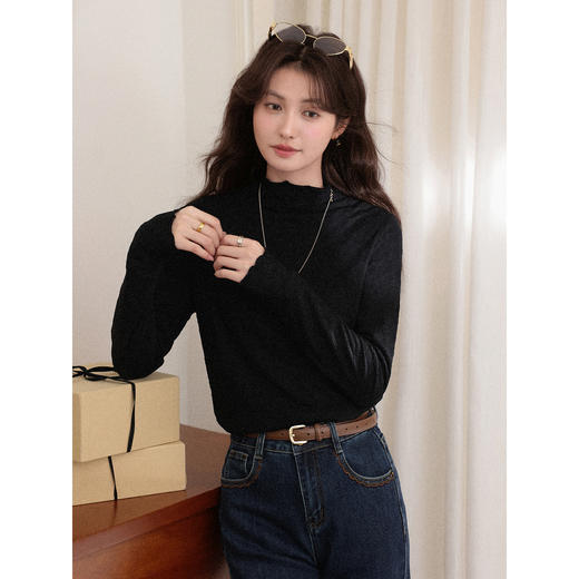 鹿向南「编织温柔」半高领杏色长袖针织衫t恤女秋冬新款内搭上衣 商品图2