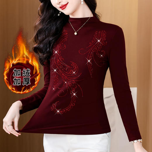 KQL 711H1917烫钻凤尾花型加绒高领长袖T恤上衣 商品图3