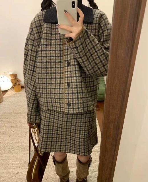 D121468老钱风复古时尚撞色翻领格纹针织开衫外套半身裙套装女 商品图1