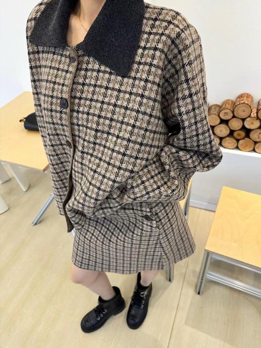 D121468老钱风复古时尚撞色翻领格纹针织开衫外套半身裙套装女 商品图0