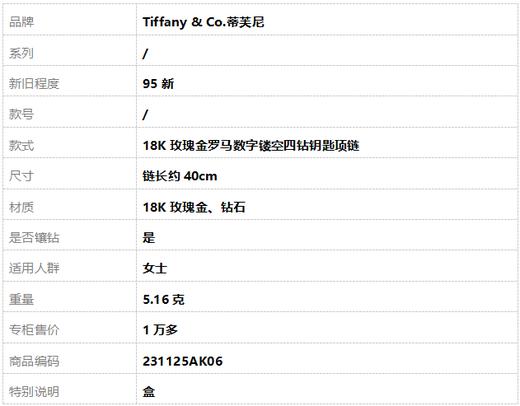 【95新】Tiffany & Co.蒂芙尼18K玫瑰金罗马数字镂空四钻钥匙项链链长约40cm女士 231125AK06 商品图6
