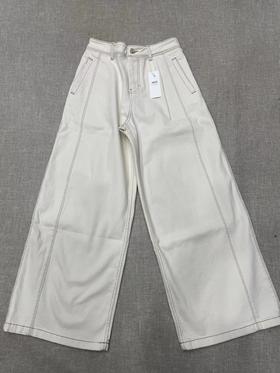 D121463女士字母贴牌棉斜纹牛仔内里织绒阔腿牛仔裤