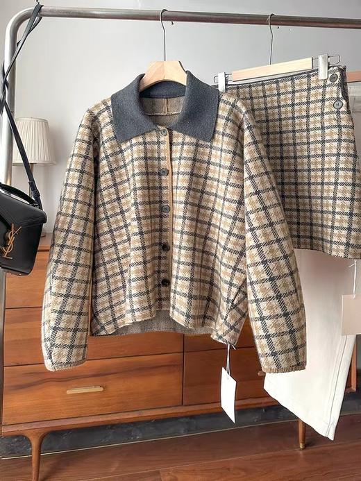 D121468老钱风复古时尚撞色翻领格纹针织开衫外套半身裙套装女 商品图9