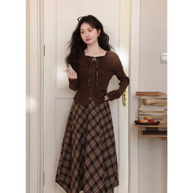 鹿向南【1217/20:00新品前1小时7折限量100件】假两件咖色连衣裙