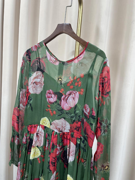 「断码清仓」绿底大花高腰显瘦长袖真丝连衣裙 L码 ZFYY167 商品图1