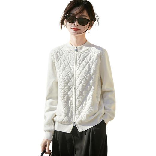 百媚生 菱格纹羊毛混纺棉服女小个子短款立领拉链外套NS-5267-100 商品图4