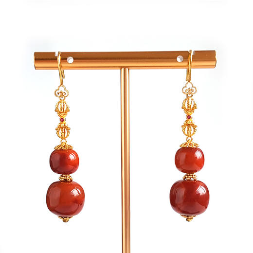 【天然正品】AU750黄金镶天然细腻火焰纹约13.6-10.3MM南红玛瑙圆珠耳坠58.7*13.6*10.3MM（皆取最大值） 女士 141225XY05 商品图0