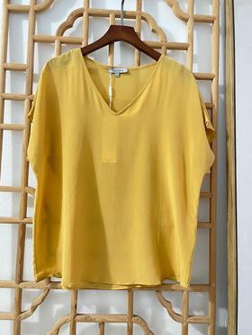 「断码清仓」复古风姜黄色V领蝙蝠袖透气桑蚕丝上衣 L码 ZFYY150