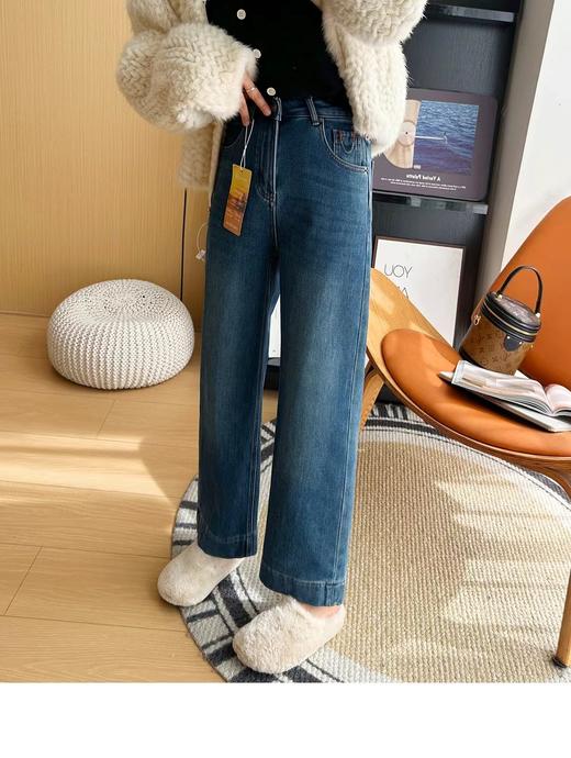 D121472巨显瘦四面弹直筒牛仔裤女秋冬厚宽松保暖阔腿裤 商品图2