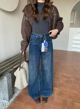 D121471冬日慵懒氛围感加绒阔腿牛仔裤藏肉显瘦女长裤