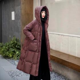 丁摩 白鸭绒过膝长款羽绒服简约连帽外套