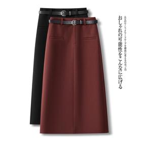 丁摩 【配腰带】毛呢半身裙女秋冬开叉直筒a字裙子AS2826
